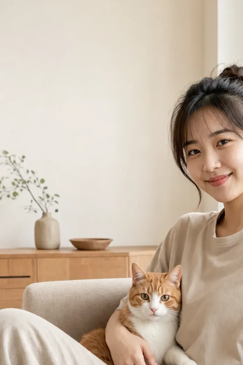A pet owner sitting on a sofa with an orange-and-white cat resting against her
